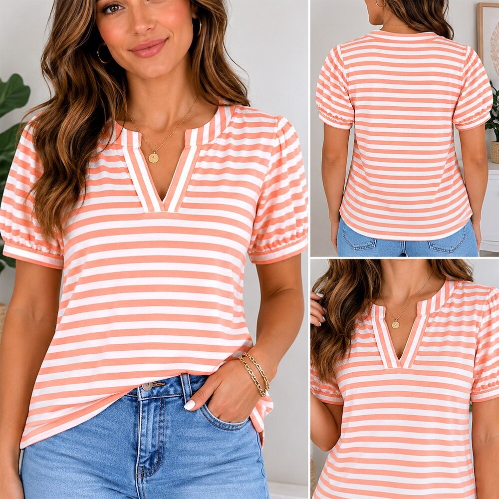 St. John’s Bay Top Womens Size M Orange & White Striped Split V-Neck
